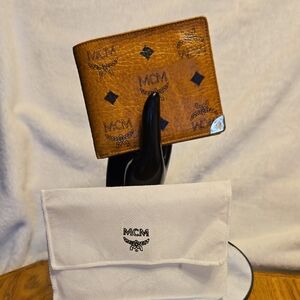 MCM Cognac Visetos Logo Wallet with Black Accents
